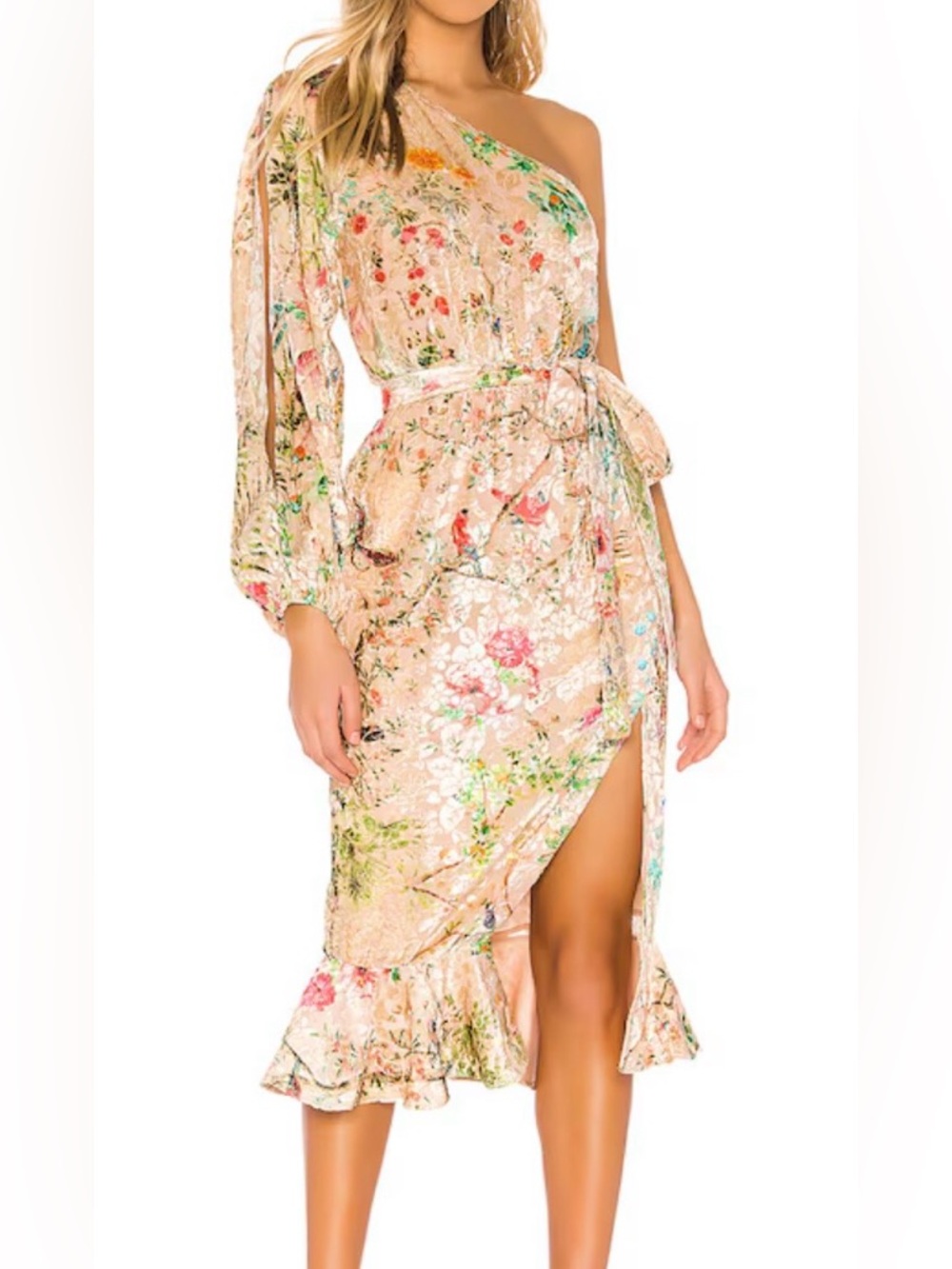 🛍️SALE🛍️Hemant & Nandita Veena one shoulder velvet floral print midi dress NWT
